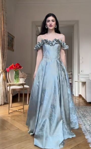 Niulatu Off-the-Shoulder A-Line Green Long Prom Dresses Printed Satin Long Birthday Dresses Green Evening Dresses HZ1026